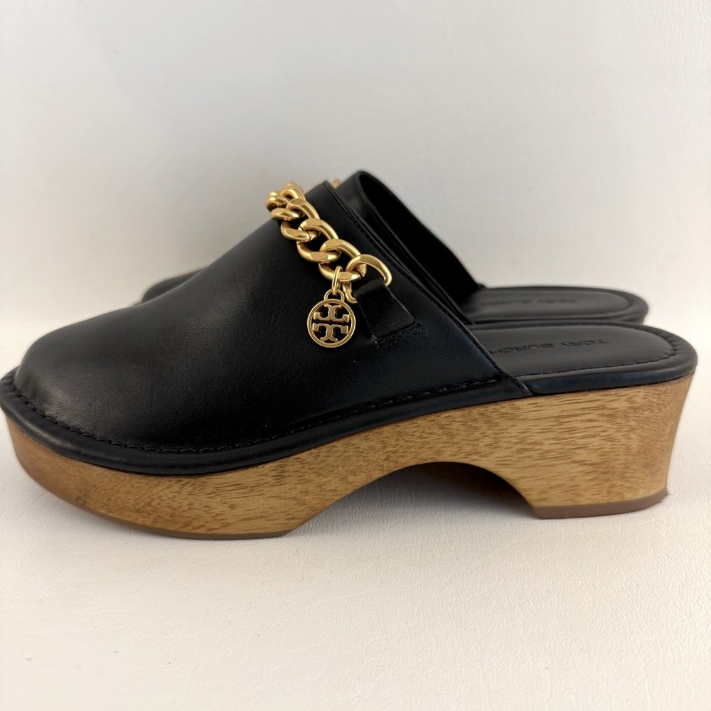 Tory Burch Black and Gold Mules with Chain Accent